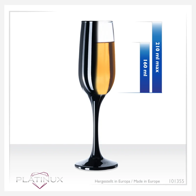 PLATINUX Schwarze stabile Sektgläser Set 6 Teilig 160ml (max. 210ml) aus Glas