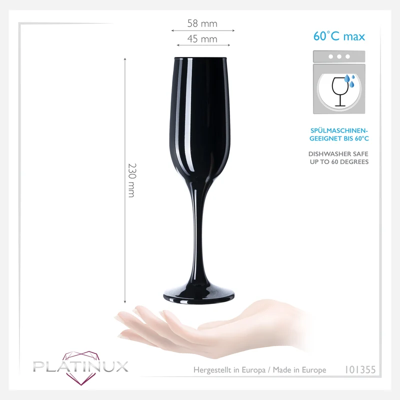 PLATINUX Schwarze stabile Sektgläser Set 6 Teilig 160ml (max. 210ml) aus Glas
