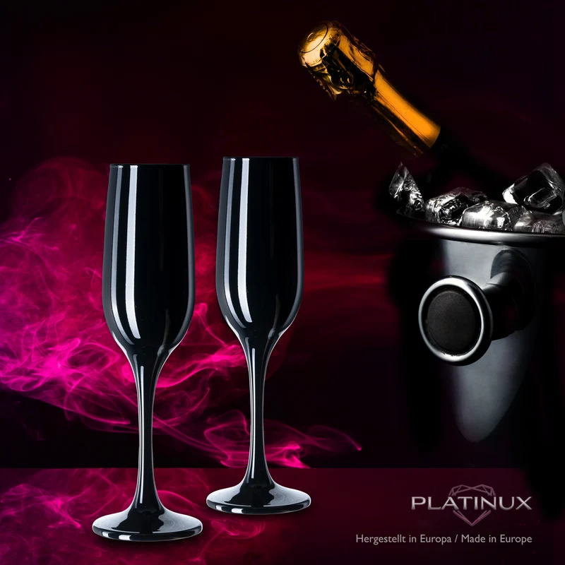 PLATINUX Schwarze stabile Sektgläser Set 6 Teilig 160ml (max. 210ml) aus Glas