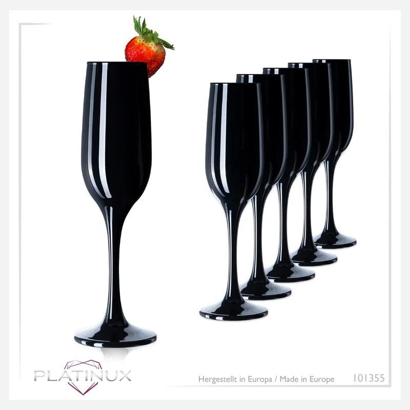 PLATINUX Schwarze stabile Sektgläser Set 6 Teilig 160ml (max. 210ml) aus Glas
