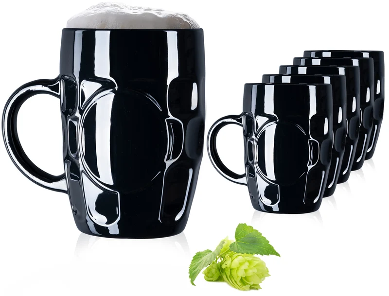 PLATINUX Schwarze Biergläser 500ml mit Henkel Set 6 Teilig Maßkrug aus Glas mit Ornament Muster