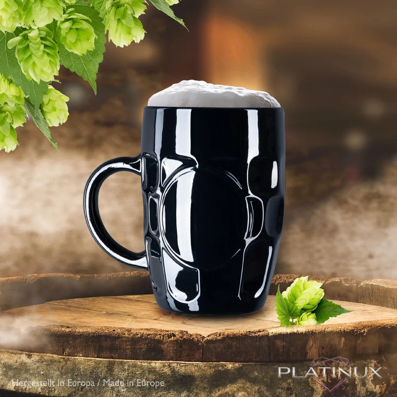 PLATINUX Schwarze Biergläser 500ml mit Henkel Set 6 Teilig Maßkrug aus Glas mit Ornament Muster