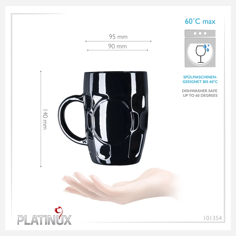 PLATINUX Schwarze Biergläser 500ml mit Henkel Set 6 Teilig Maßkrug aus Glas mit Ornament Muster