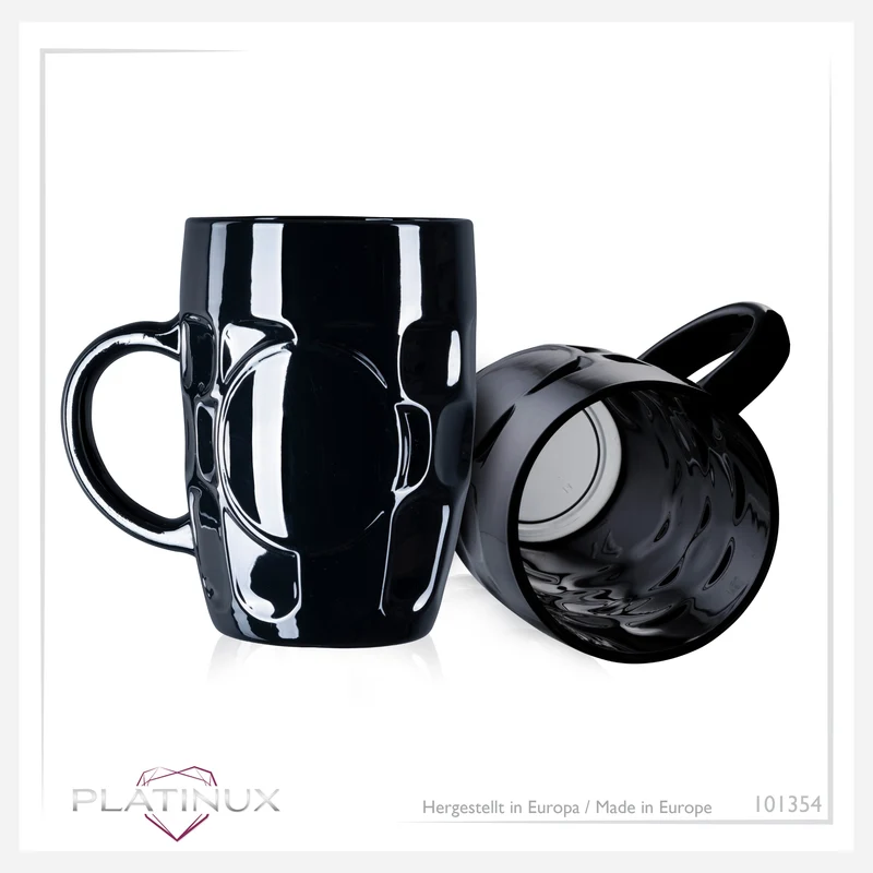 PLATINUX Schwarze Biergläser 500ml mit Henkel Set 6 Teilig Maßkrug aus Glas mit Ornament Muster