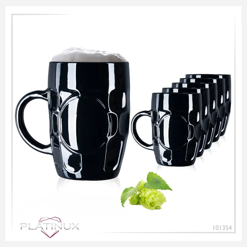 PLATINUX Schwarze Biergläser 500ml mit Henkel Set 6 Teilig Maßkrug aus Glas mit Ornament Muster