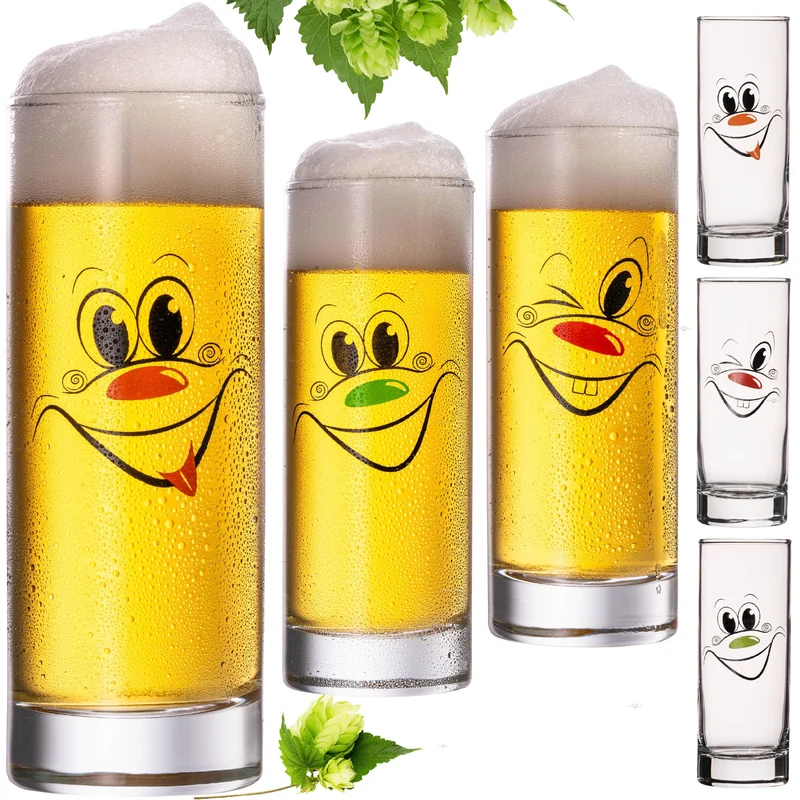 PLATINUX Kölschgläser aus Glas 300ml (max. 335ml) Set 6 Teilig mit lustigen Gesichtern
