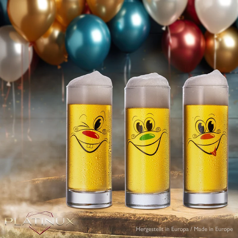PLATINUX Kölschgläser aus Glas 300ml (max. 335ml) Set 6 Teilig mit lustigen Gesichtern