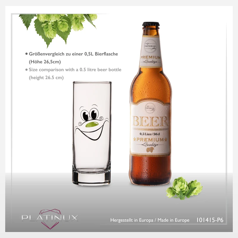 PLATINUX Kölschgläser aus Glas 300ml (max. 335ml) Set 6 Teilig mit lustigen Gesichtern