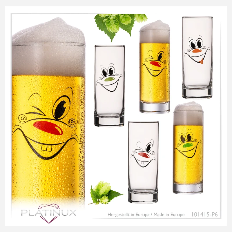 PLATINUX Kölschgläser aus Glas 300ml (max. 335ml) Set 6 Teilig mit lustigen Gesichtern
