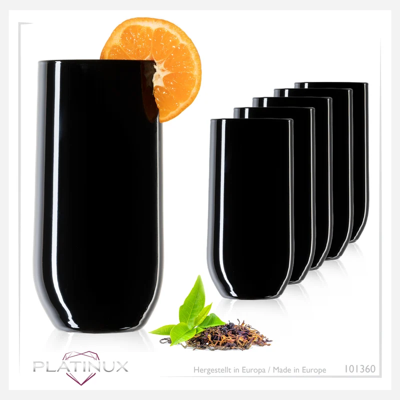 PLATINUX Schwarze Elegante Trinkgläser 360ml (max. 440ml) Set 6 Teilig aus Glas
