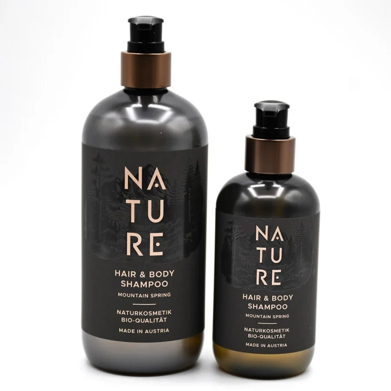 Hair & Body Shampoo 'Mountain Spring' | tierversuchsfrei | vegan | Kunststoffgebinde mit Pumpfunktion | Made in Austria