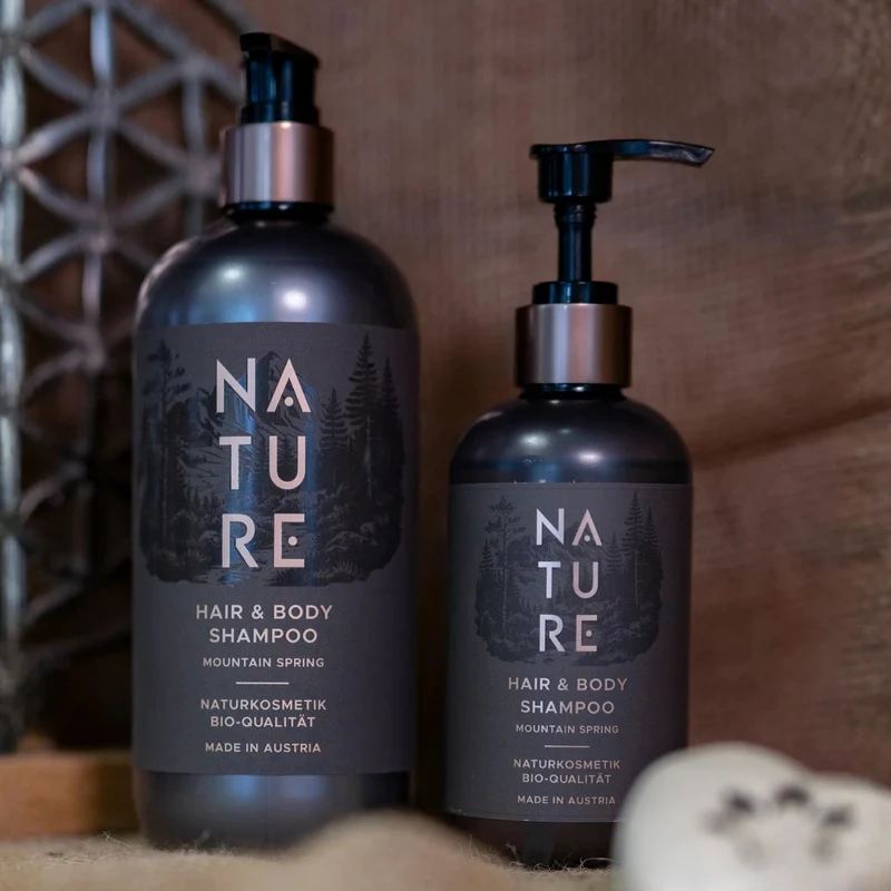 Hair & Body Shampoo 'Mountain Spring' | tierversuchsfrei | vegan | Kunststoffgebinde mit Pumpfunktion | Made in Austria