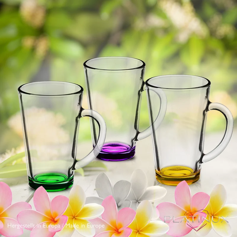 PLATINUX Bunte Kaffeegläser Teegläser mit Griff 360ml Set 6 Teilig Mehrfarbig