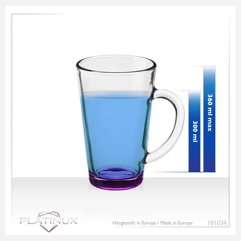 PLATINUX Bunte Kaffeegläser Teegläser mit Griff 360ml Set 6 Teilig Mehrfarbig