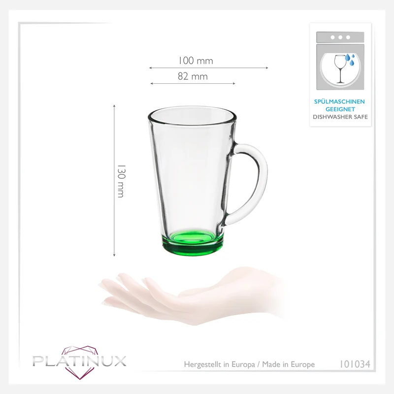 PLATINUX Bunte Kaffeegläser Teegläser mit Griff 360ml Set 6 Teilig Mehrfarbig