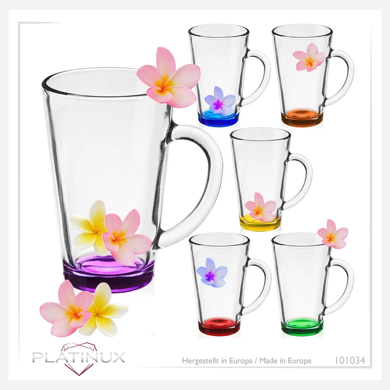 PLATINUX Bunte Kaffeegläser Teegläser mit Griff 360ml Set 6 Teilig Mehrfarbig