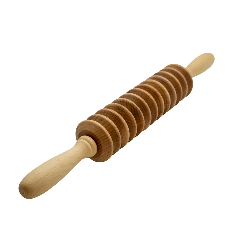Diskförmiger Massageroller | Buche massiv | 2 Griffe | 13 Disks | Faszienrolle Massagegerät | Manufactured in Europe