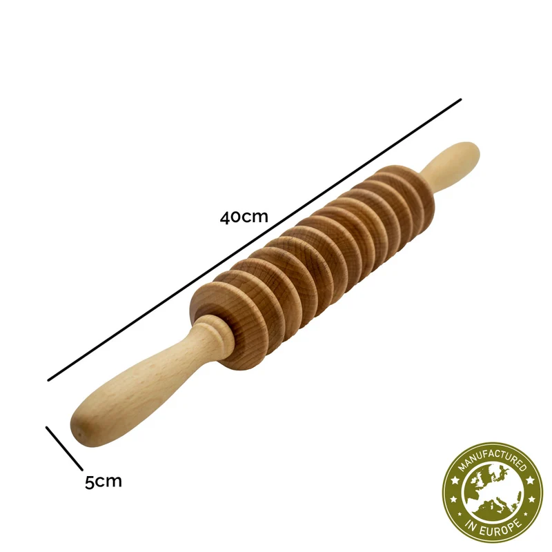 Diskförmiger Massageroller | Buche massiv | 2 Griffe | 13 Disks | Faszienrolle Massagegerät | Manufactured in Europe