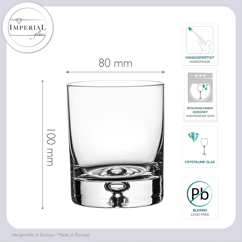IMPERIAL Whiskeyglas Set 2 Stück 300ml Whiskygläser aus Crystalline Glas "Lissabon" mit Luftblase im Boden Handmade