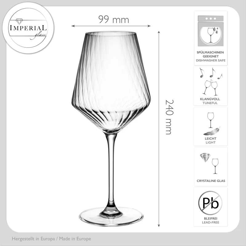 IMPERIAL glass geriffelte Bordeauxgläser 6er Set aus Crystalline Glas 580ml "London" Spülmaschinenfest