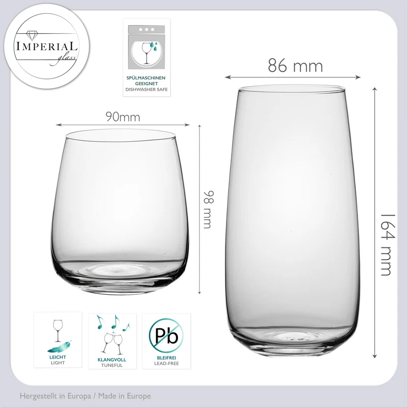 IMPERIAL glass eckige Trinkgläser Set 12er 730ml & 470ml aus Glas "Milano" spülmaschinenfest