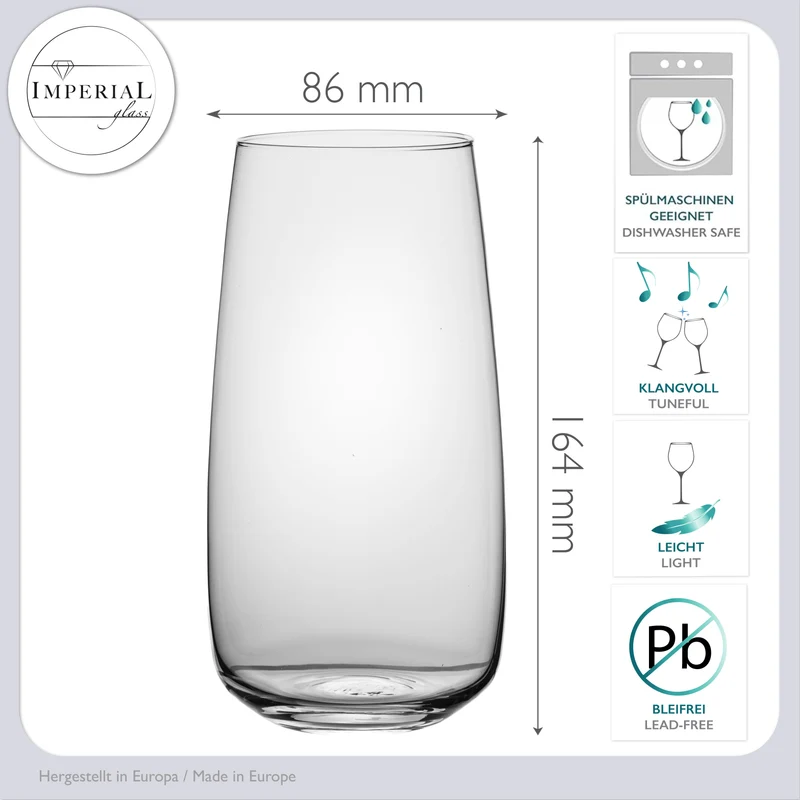 IMPERIAL glass eckige Trinkgläser 730ml Set 6 Stück aus Glas Serie "Milano" spülmaschinenfest