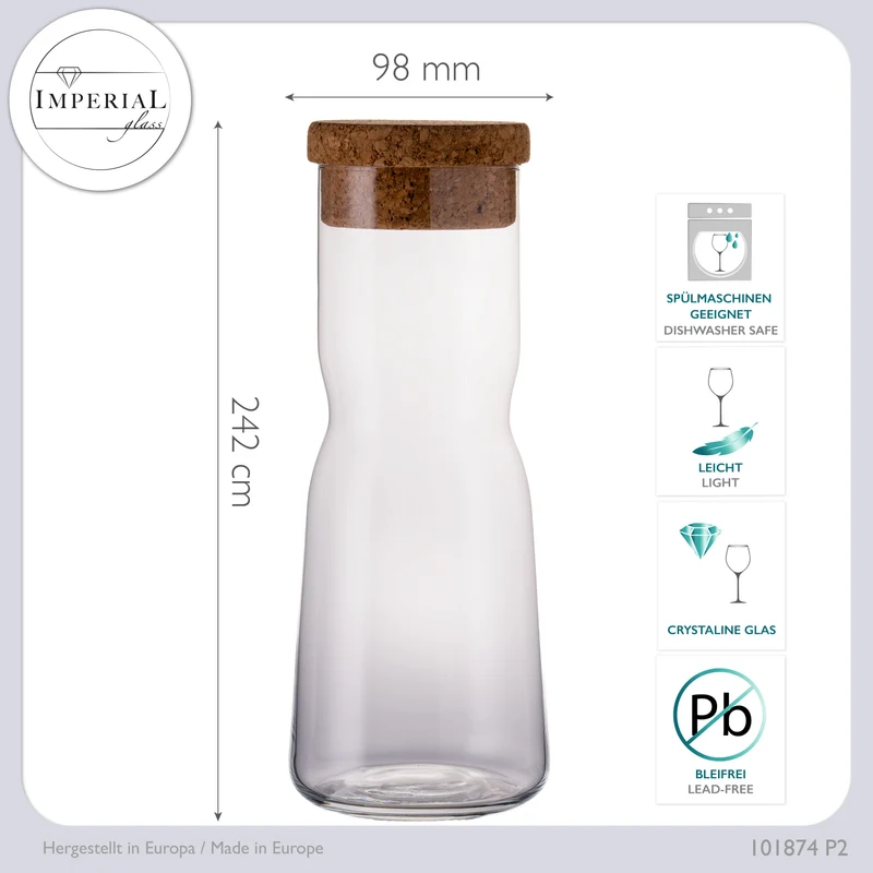 IMPERIAL glass Glaskaraffe 1L aus Crystalline Glas mit Korkdeckel X-Form Set 2 Stück Spülmaschinenfest
