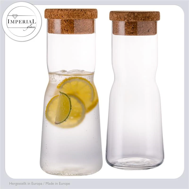 IMPERIAL glass Glaskaraffe 1L aus Crystalline Glas mit Korkdeckel X-Form Set 2 Stück Spülmaschinenfest