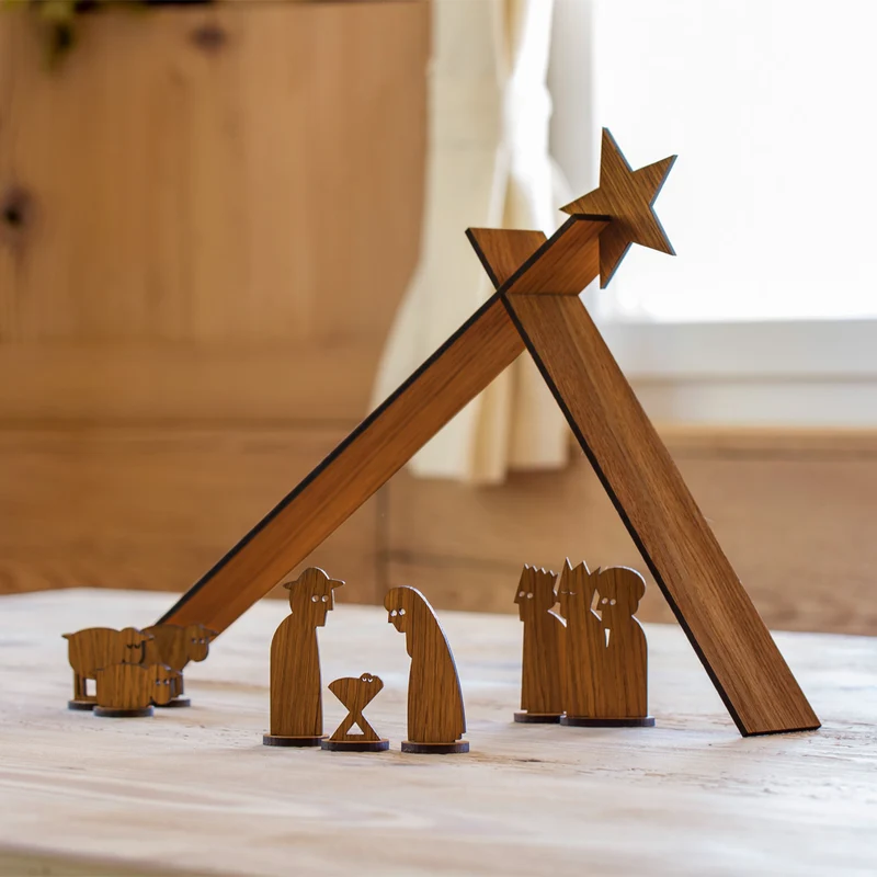 Moderne Holzkrippe ‘Einfach Weihnachten’ | 10-teilig | Eiche furniert | zum Zusammenstecken | Made in Germany