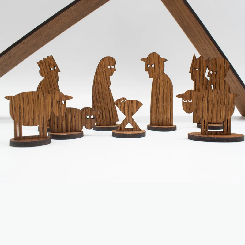 Moderne Holzkrippe ‘Einfach Weihnachten’ | 10-teilig | Eiche furniert | zum Zusammenstecken | Made in Germany