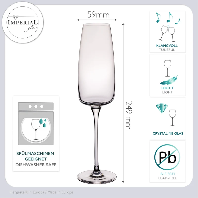 IMPERIAL glass eckige Sektgläser 270ml 6er Set aus Crystalline Glas "Milano" spülmaschinenfest