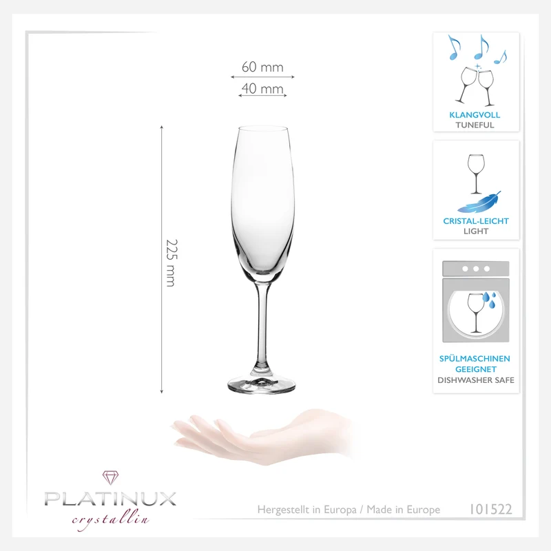 PLATINUX Sektgläser 170ml (max. 200ml) aus Crystalline Glas Set 6-Teilig Spülmaschinenfest