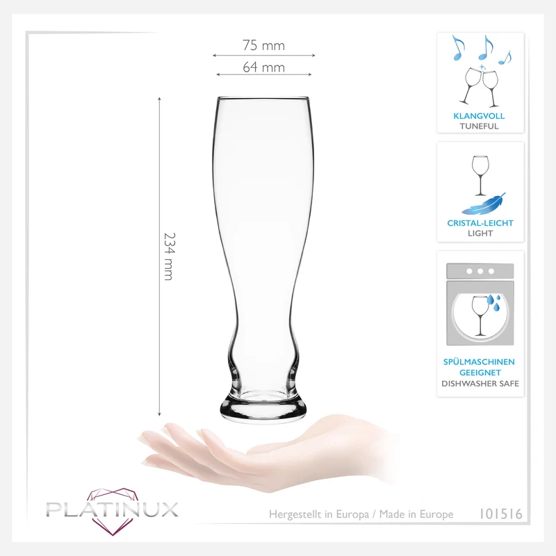 PLATINUX Hohe Biergläser 500ml (max. 600ml) Set 6-Teilig Weizengläser aus Glas 0,5L