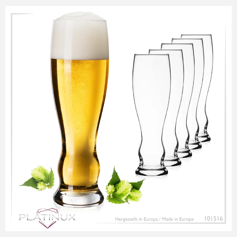 PLATINUX Hohe Biergläser 500ml (max. 600ml) Set 6-Teilig Weizengläser aus Glas 0,5L