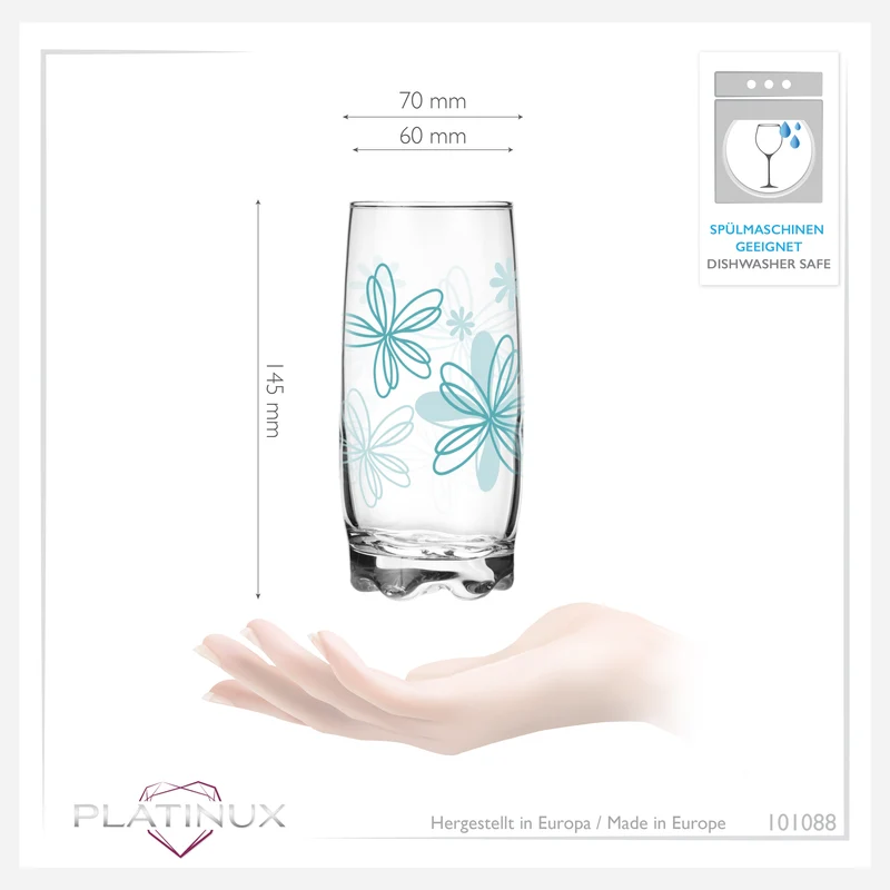 PLATINUX Trinkgläser mit Blumen Dekor Set 6 Teilig 350ml (max.390ml) mit geformten Boden