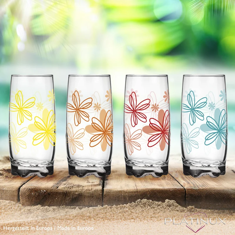 PLATINUX Trinkgläser mit Blumen Dekor Set 6 Teilig 350ml (max.390ml) mit geformten Boden
