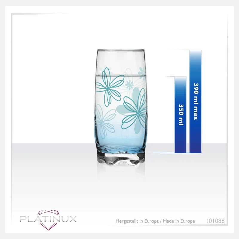 PLATINUX Trinkgläser mit Blumen Dekor Set 6 Teilig 350ml (max.390ml) mit geformten Boden