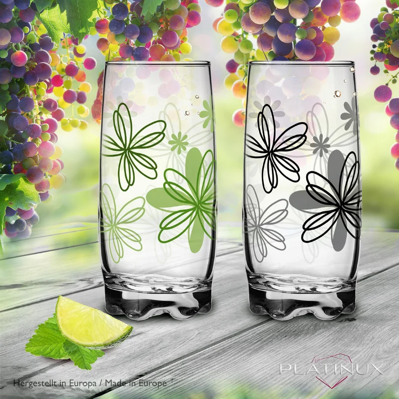 PLATINUX Trinkgläser mit Blumen Dekor Set 6 Teilig 350ml (max.390ml) mit geformten Boden