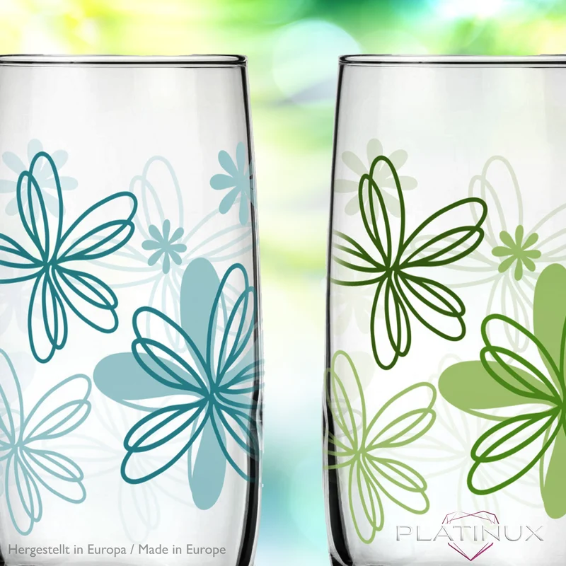 PLATINUX Trinkgläser mit Blumen Dekor Set 6 Teilig 350ml (max.390ml) mit geformten Boden