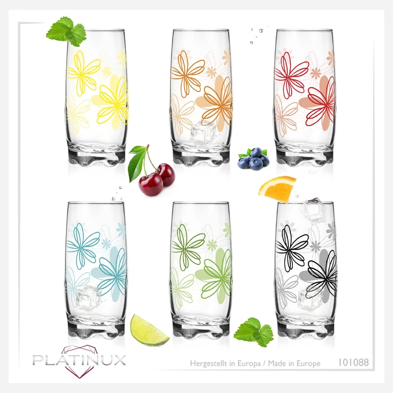 PLATINUX Trinkgläser mit Blumen Dekor Set 6 Teilig 350ml (max.390ml) mit geformten Boden