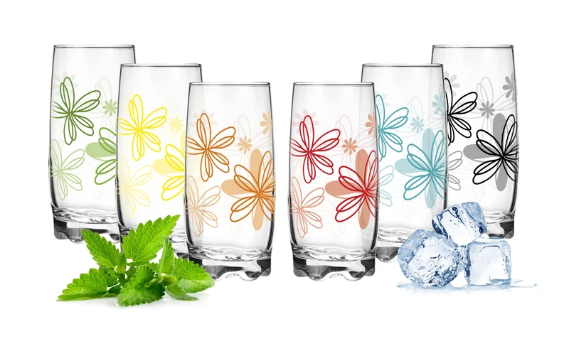 PLATINUX Trinkgläser mit Blumen Dekor Set 6 Teilig 350ml (max.390ml) mit geformten Boden