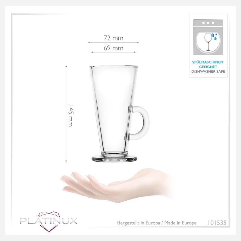 PLATINUX Kaffeegläser mit Henkel 270ml Set 6-Teilig aus Glas
