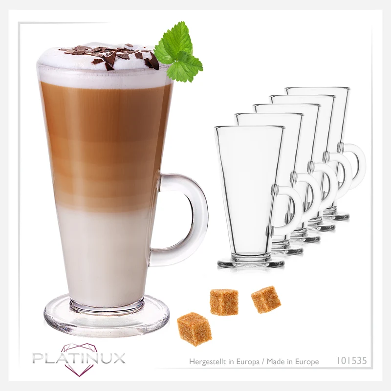 PLATINUX Kaffeegläser mit Henkel 270ml Set 6-Teilig aus Glas