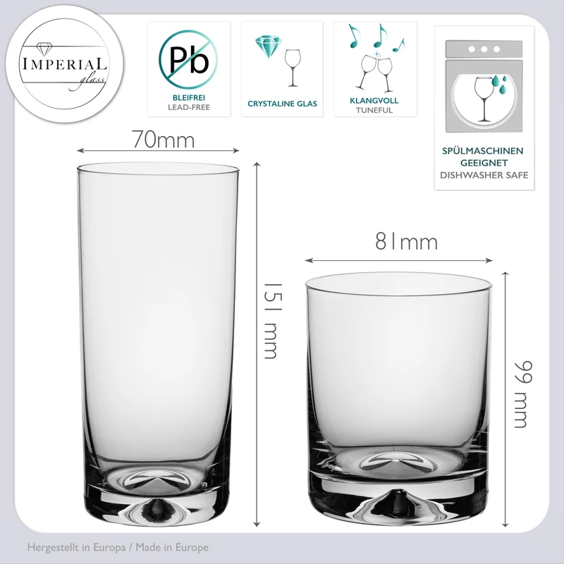 IMPERIAL glass Trinkgläser Set 12-teilig 420ml & 360ml bleifreies Crystalline Glas spülmaschinenfest