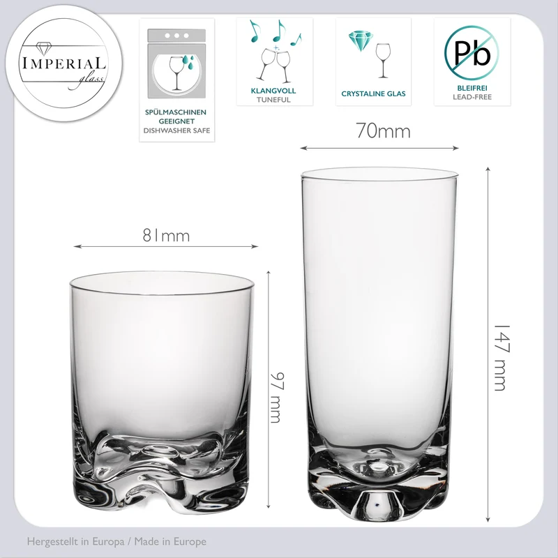IMPERIAL glass Trinkgläser Set 12 Teilig 400ml & 370ml aus Crystalline Glas spülmaschinenfest mit geformtem Boden