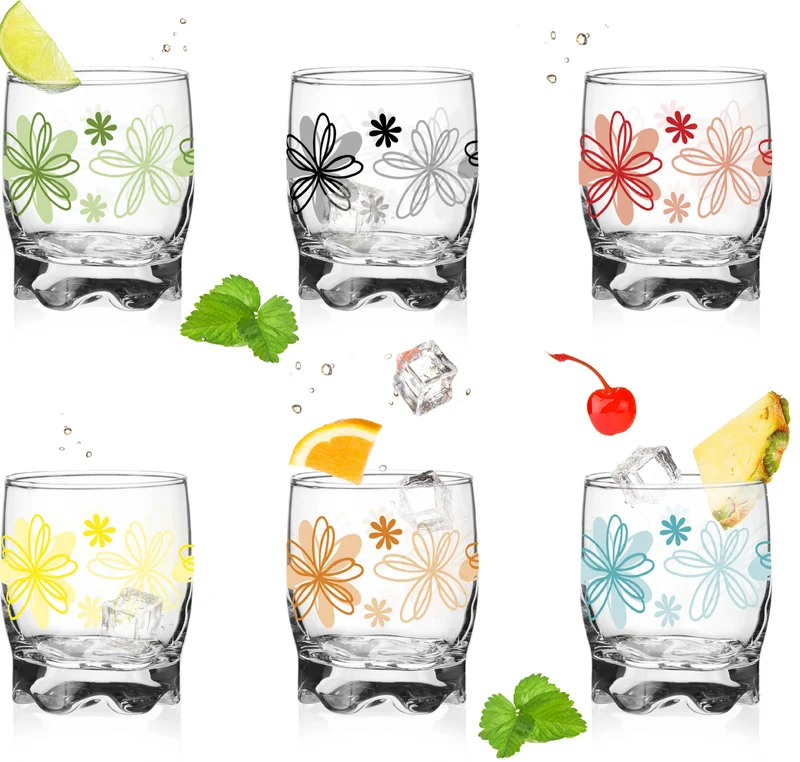 PLATINUX Trinkgläser mit Blumen Dekor Set 6 Teilig 250ml (max.280ml) mit geformten Boden