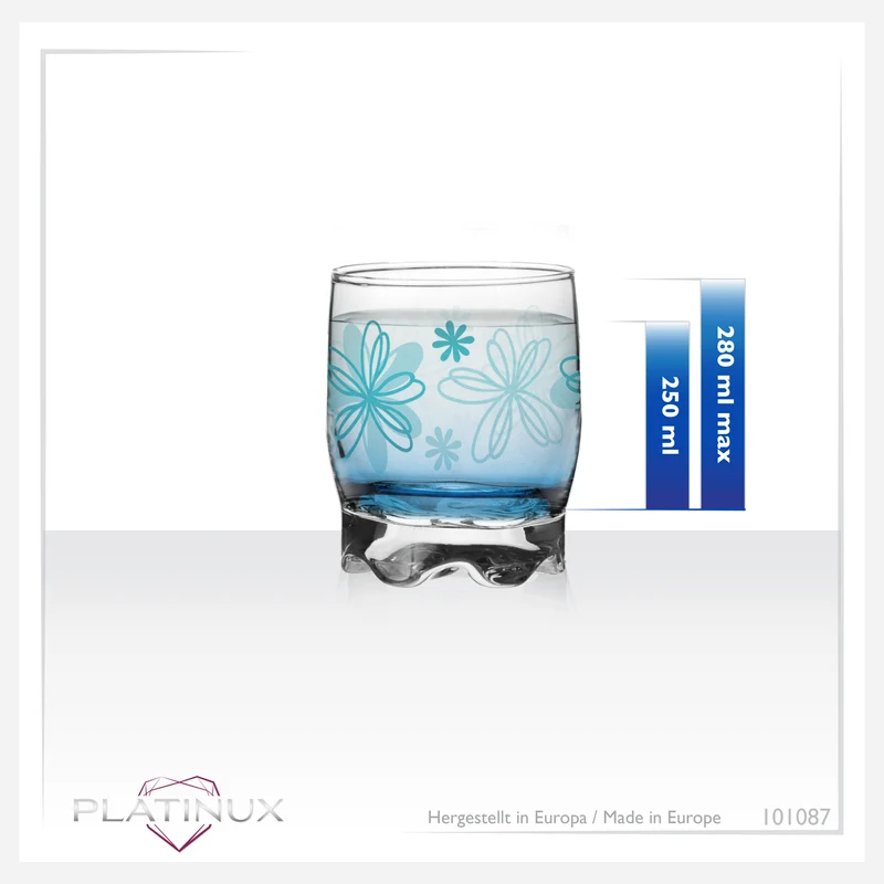 PLATINUX Trinkgläser mit Blumen Dekor Set 6 Teilig 250ml (max.280ml) mit geformten Boden