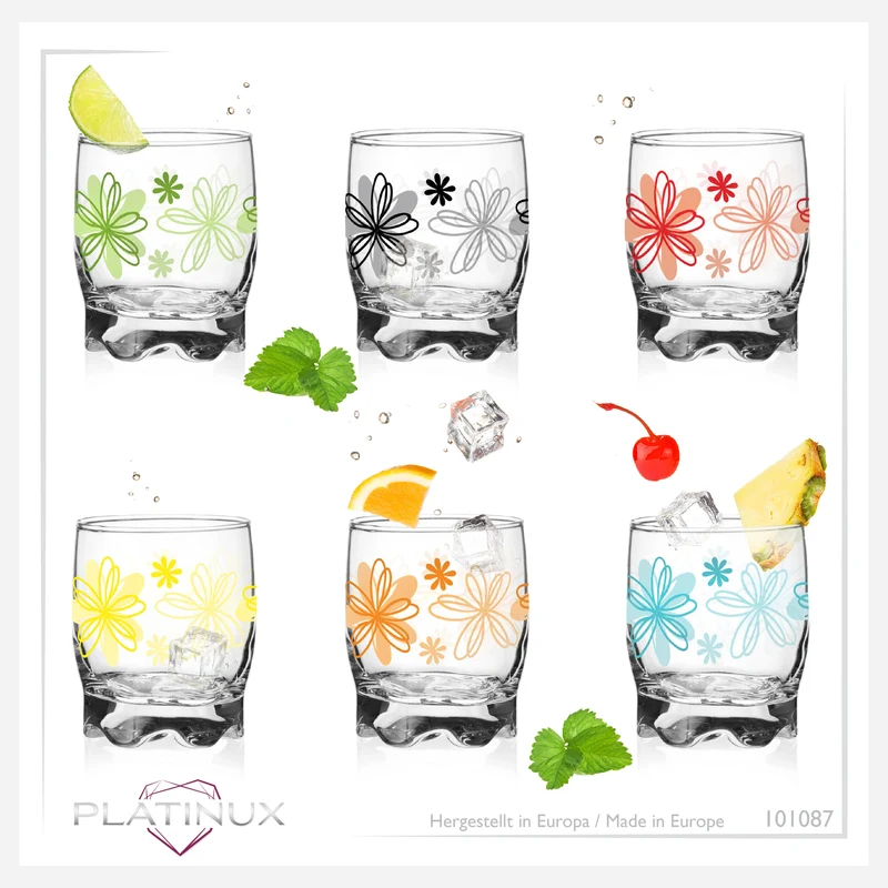 PLATINUX Trinkgläser mit Blumen Dekor Set 6 Teilig 250ml (max.280ml) mit geformten Boden