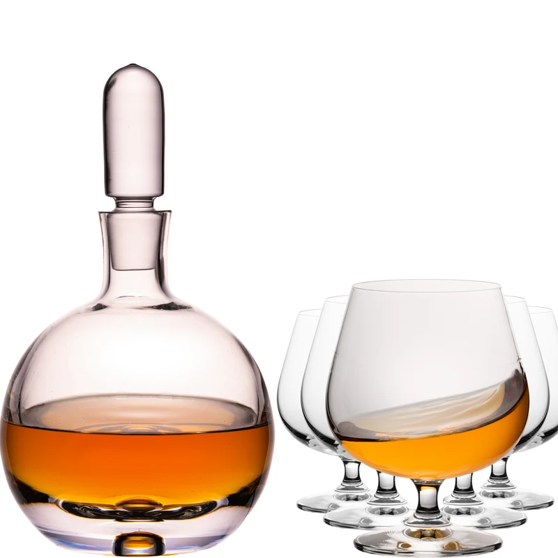 IMPERIAL Cognackaraffe mit Glasstopfen und 6 Cognacgläsern aus Crystalline Glas Handmade