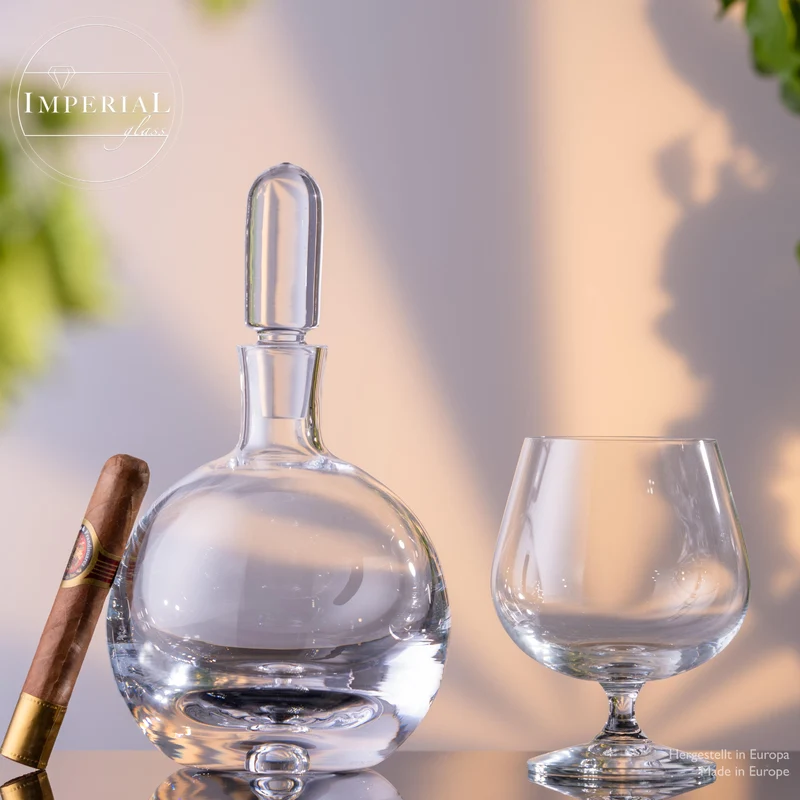 IMPERIAL Cognackaraffe mit Glasstopfen und 6 Cognacgläsern aus Crystalline Glas Handmade